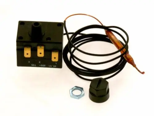 Bosch Sicherheitsthermostat mit Anschlussklemmen, Temperaturfühler und verstellbarem Regler. Geeignet zur Temperaturüberwachung in Heizsystemen.
